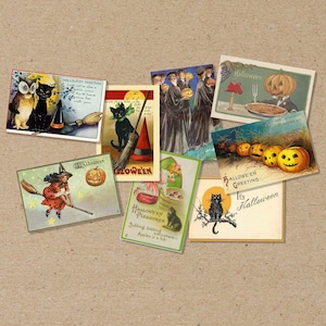 lot de 8 POSTER décoratifs taille : A6 (carte postale) ou A5, diverses cartes d'HALLOWEEN citrouilles sorcières, impression de style chat vintage noir