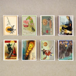 Juego de 8 cajas de cerillas con varias tarjetas de felicitación de HALLOWEEN, 1 diseño de calabazas y brujas, impresión de estilo vintage, cerillas antiguas, portacerillas