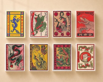 set of 8 MATCHBOX various DRAGON design vintage style printing old matches match box holder