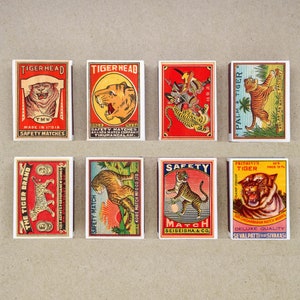 set of 8 MATCHBOX various TIGER design vintage style printing old matches match holder