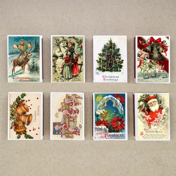 set of 8 MATCHBOX of christmas set 1 vintage style santa claus xmas holiday tree printing old matches match holder