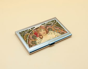 business Card Holder case  MUCHA vintage art nouveau 19th century paint 4 different painting Metal Case Holder