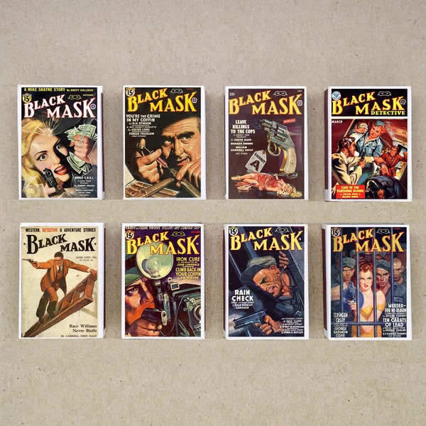 ensemble de 8 MATCHBOX vintage pulp magazine couverture BLACK MASK crime detective polar suspence impression old match holder