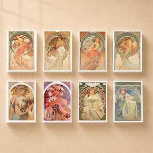 May include: A set of eight rectangular wall art prints arranged in two rows, each featuring a stylised illustration of a person in flowing garments surrounded by circular decorative motifs, floral elements, and muted earth tones with soft pastel accents.