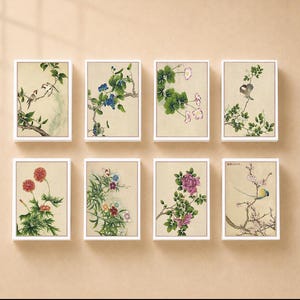 May include: A set of eight rectangular wall art prints featuring botanical and avian illustrations. Each print displays detailed depictions of various flowers, green foliage, and small birds on branches, all set against a neutral beige background.