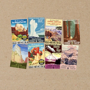 gemischtes Set von 8 Dekorativen POSTER Größe: A6 (Postkarte) oder A5 verschiedene vintage TRAVEL Poster Nationalpark Yellowstone Grand Canyon Zion