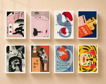 Vintage Japanese Ad Matchbox Set, Retro Art Prints (8 Boxes)