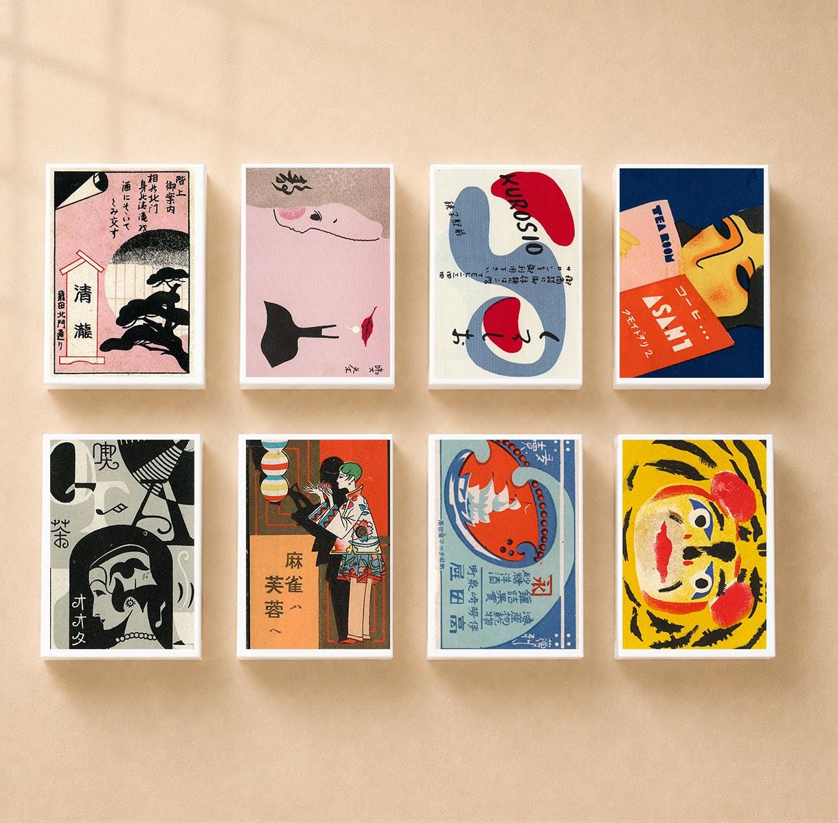 Set of 8 Matchboxes Vintage Japanese Ad Matchbox Set JP4, Retro