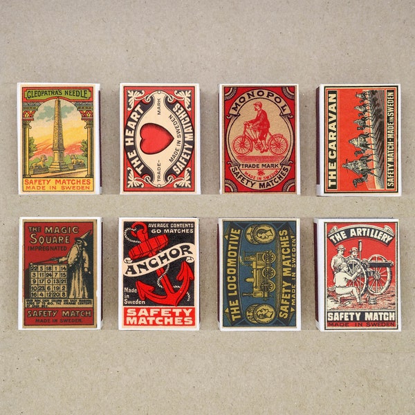 set of 8 MATCHBOX various design made in SWEDEN vintage style printing old matches match holder