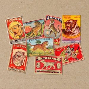gemischtes Set von 8 Dekorative POSTER Größe: A6 (Postkarte) oder A5 verschiedene TIGER Design Vintage-Stil Druck alte Streichholzschachtel Postkarten packen