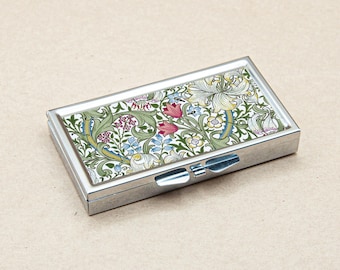 William Morris Pill Box, 7-Day Floral Art, Stainless Steel Case