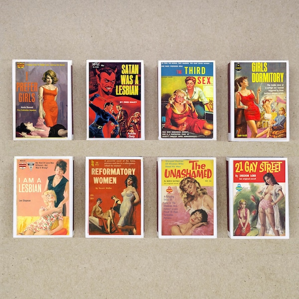 set of 8 MATCHBOX vintage lesbian pulp cover book old magazine printing old matches match holder