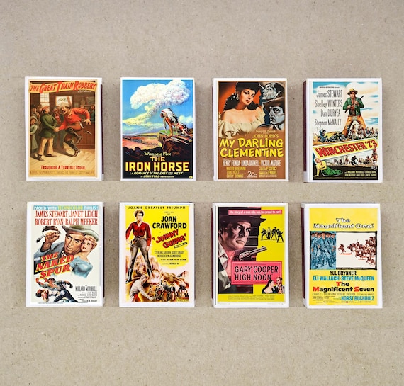 set of 8 MATCHBOX various CLASSIC WESTERN movie poster cowboy film printing old matches match holder