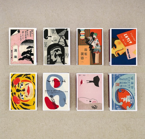 Vintage Japanese Ad Matchbox Set JP4, Retro Art Prints (set of 8