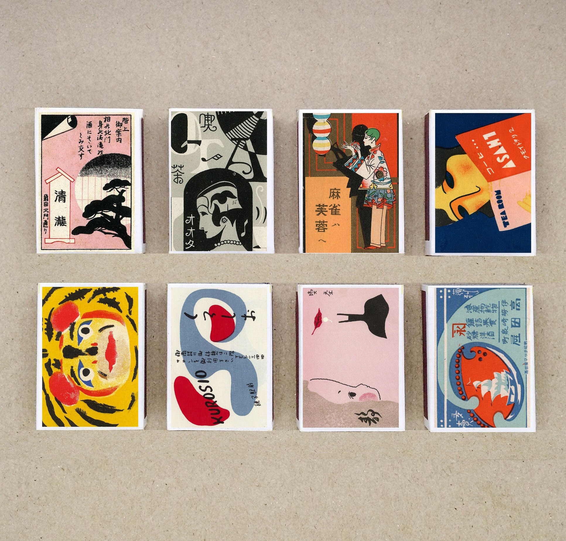 Vintage Japanese Ad Matchbox Set JP4, Retro Art Prints (set of 8