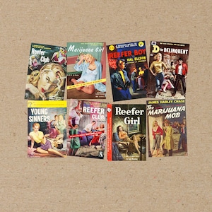 lot de 8 affiches décoratives au format A6 (carte postale) ou A5, divers livres de couverture en pulpe de roman sur la marijuana vintage, ancien magazine, pack reefer club