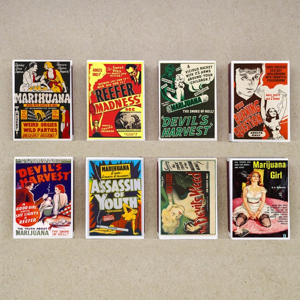 set of 8 MATCHBOX 30s 40s marijuana cautionary films vintage Reefer Madness movie poster printing old matches match holder