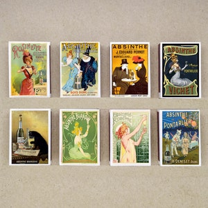 set of 8 MATCHBOX various ABSINTHE poster alcohol Liquor ads french vintage style printing old matches match holder
