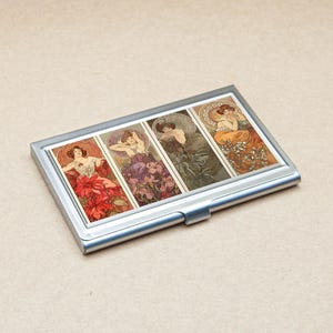 Estuche para tarjetas de visita MUCHA colores mujer vintage art nouveau siglo XIX artes florales pintura Estuche de metal