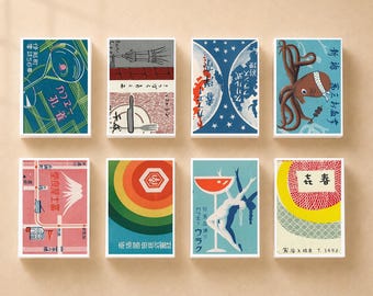 Vintage Japanese Ad Matchbox Set, Retro Decor, Set of 8 boxes