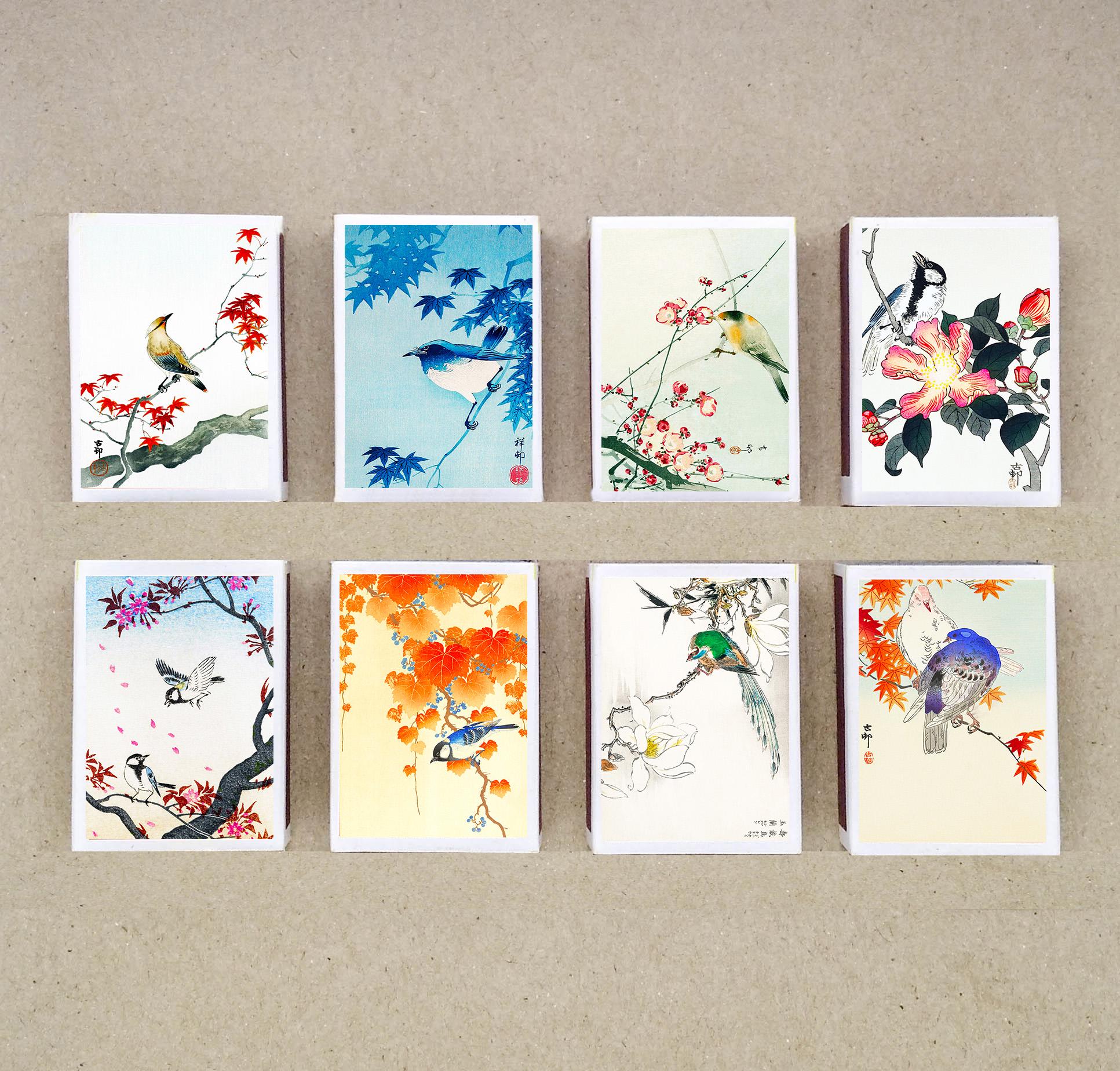 set of 8 MATCHBOX various Japanese BIRDS paintings artworks japan vintage style printing old matches match holder