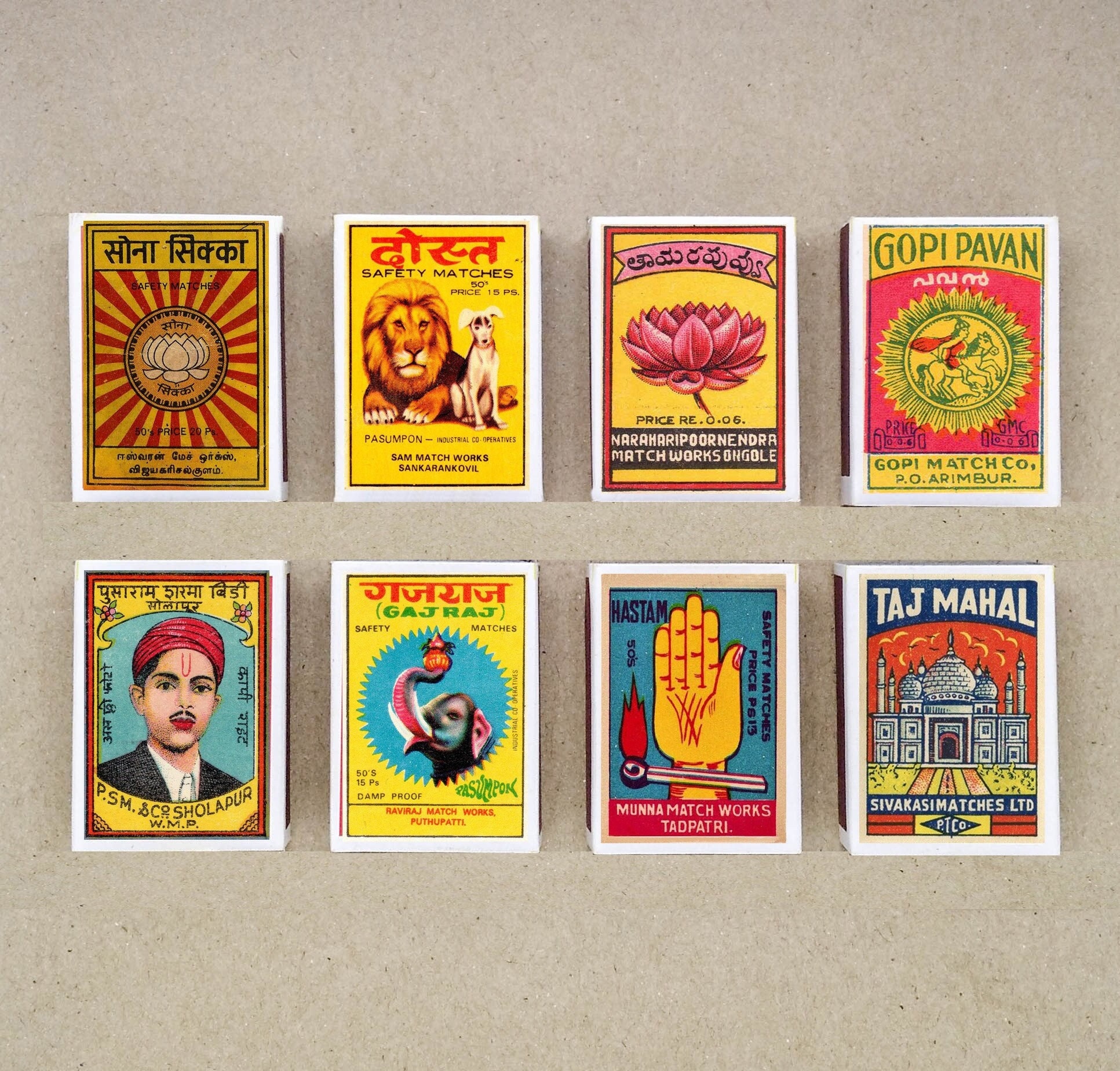 set of 8 MATCHBOX various design from INDIA vintage style printing old matches match holder