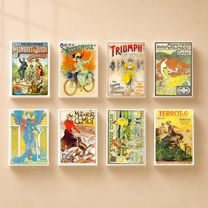 Pode incluir: Um conjunto de oito impressões de parede retangulares com anúncios de bicicletas em estilo vintage. Cada impressão exibe ilustrações coloridas de pessoas com bicicletas, incluindo textos como Ombret & Jussy, Metropole, Triumph of Venus e Terrot & Cie.