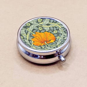 William Morris Round Pill Box, 3 grid Floral Art orange flower pattern, Stainless Steel Case