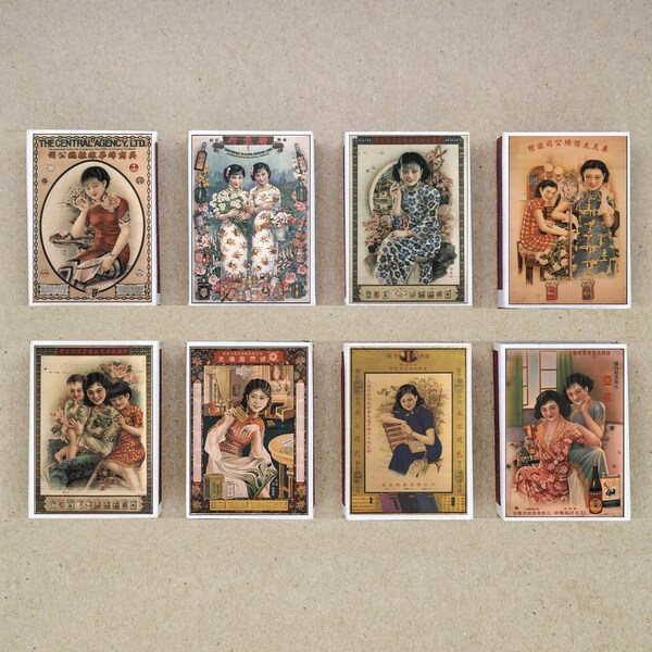 ensemble de 8 MATCHBOX diverses annonces de vieux shanghai Âge d’or des années 1930 Femmes chinoises affiche style vintage impression vieux allumettes porte-allumettes