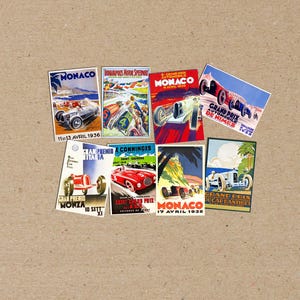 Conjunto mixto de 8 CARTELES decorativos tamaño: A6 (postal) o A5 varios coches de CARRERAS póster vintage impresión estilo Mónaco caja de cerillas antigua