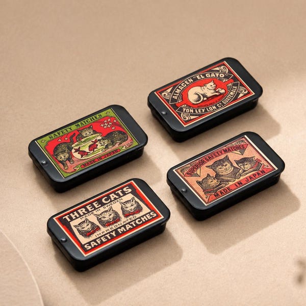Set of 4 Tin Boxes of Various CAT vintage cats art matches pill or other boxes Metal Storage Box Slide Tinplate Containers