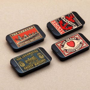 Set of 4 MATCHBOX Tin Boxes of Various made in SWEDEN vintage art matches boxes Metal Storage Box Slide Tinplate Containers