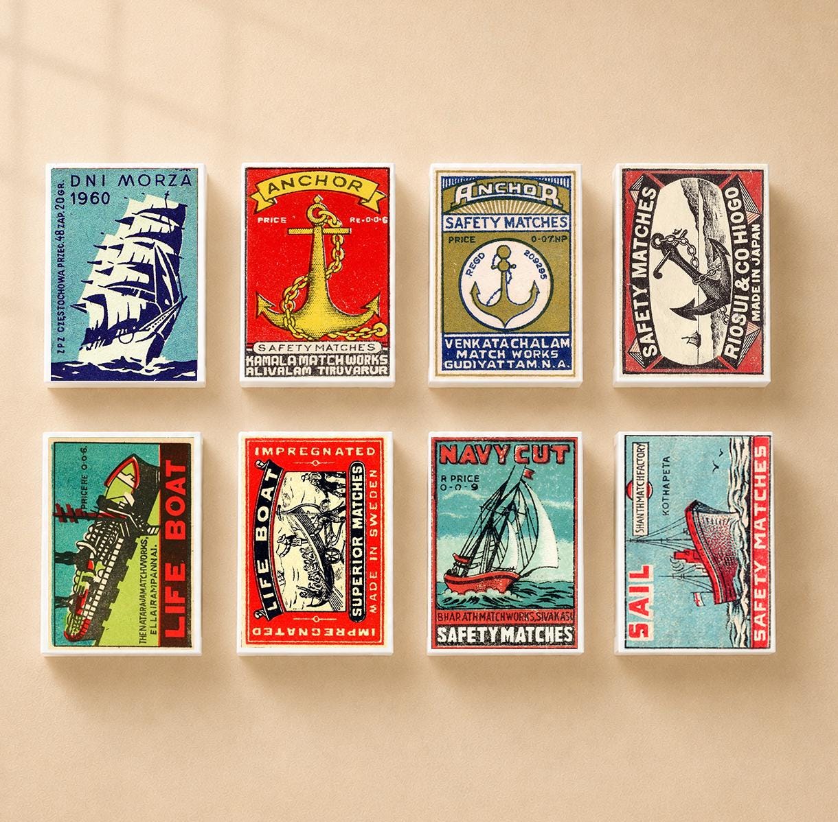 Set of 8 Matchboxes Vintage Style Boat Matchbox Set, Navy Nautical