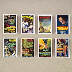 8er Set MATCHBOX classic universal MONSTER Filme Poster Dracula Frankenstein Mumie Druck alte Streichhölzer Streichholzhalter