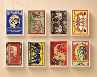 set of 8 MATCHBOX various ELEPHANT design vintage style printing old matches match box holder
