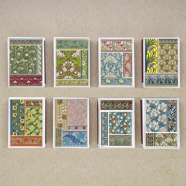 set of 8 MATCHBOX pattern flowers art nouveau various vintage design printing matches match holder