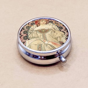 Mucha painting Round Pill Box, 3 grid Art nouveau, Stainless Steel Case