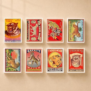Set of 8 Matchboxes  various TIGER design vintage style printing old matches match holder