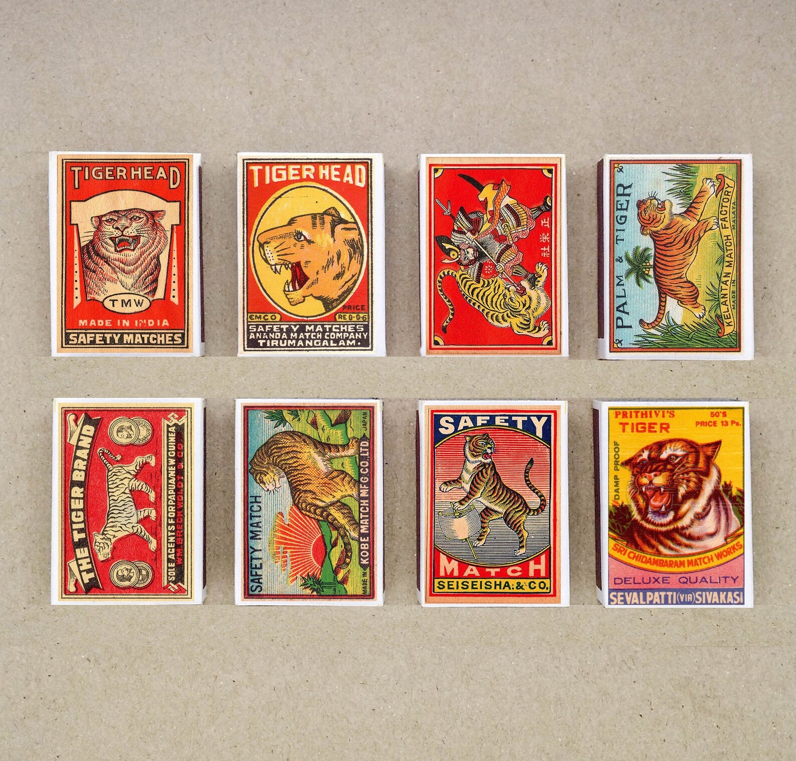 Set of 8 MATCHBOX Various TIGER Design Vintage Style Printing Etsy
