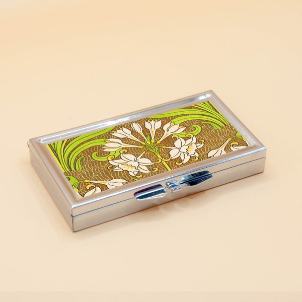 PILL BOX 7 Grid /days FLOWER floral vintage pattern art nouveau 19th century paint 8 different pattern Metal Case Holder