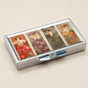 PILL BOX 7 Grid /days MUCHA vintage art nouveau 19th century paint 8 different painting Metal Case Holder