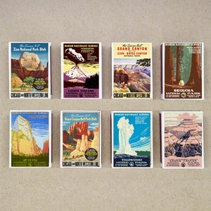 8er Set MATCHBOX Vintage TRAVEL Poster National Park Yellowstone Grand Canyon Zion Bryce Lassen alte Streichhölzer Streichholzhalter Werbung