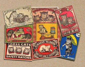 mixed set of 8 POSTCARD / A5 poster various cat cats design vintage style printing old match box postcards pack