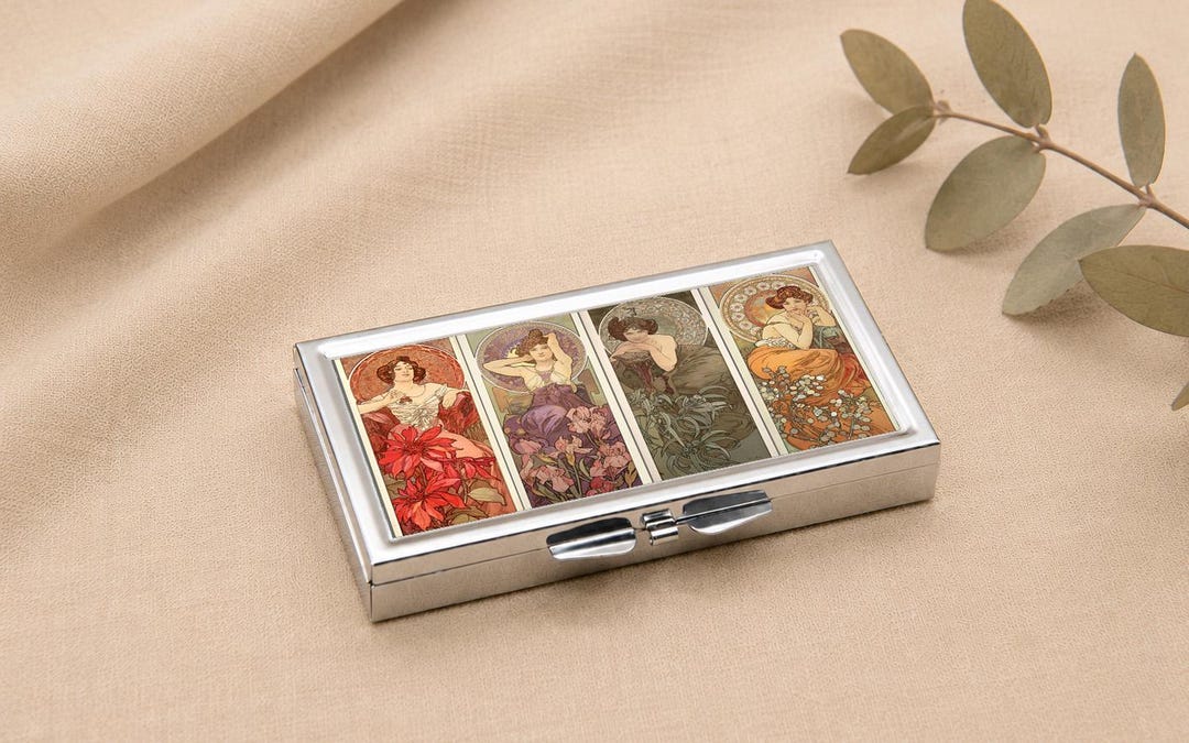 Mucha Art Nouveau the Four Stone Pill Box, 7-day Stainless Steel