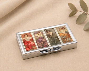 Mucha Art Nouveau the four stone Pill Box, 7-Day Stainless Steel Medicine Organizer Epoxy Protected