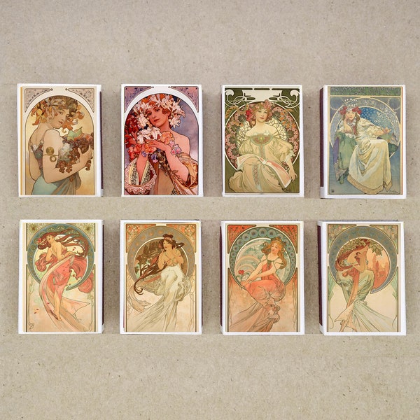 lot de 8 MATCHBOX de filles Art nouveau design Alfons Mucha avec fleurs boîte à musique de danse impression vintage vieilles allumettes porte-allumettes