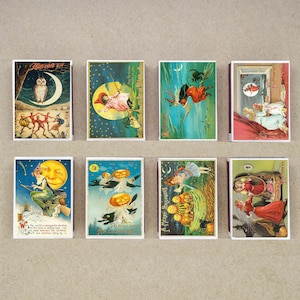 Juego de 8 cajas de cerillas con varios diseños de tarjetas de felicitación de HALLOWEEN, juego de 2, estilo vintage, calabazas, impresión de brujas, cerillas antiguas, portacerillas