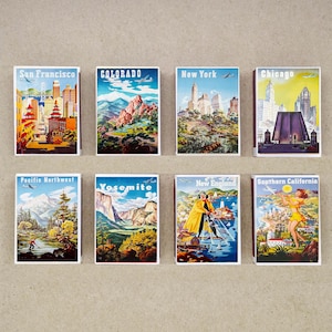 set of 8 MATCHBOX various TRAVEL USA united states city tourism vintage ads printing old matches match holder