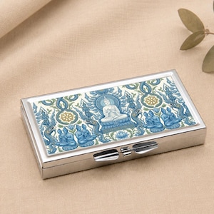 7-Day Pill Box: white Buddha wallpaper pattern art blue temple spiritual Epoxy Protected
