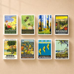 Set med 8 olika MATCHSTORMAR, RESEAFFISKER, AUSTRALIEN, turism, vintageannonser, reklamtryck, gamla tändstickor, tändsticksaskhållare